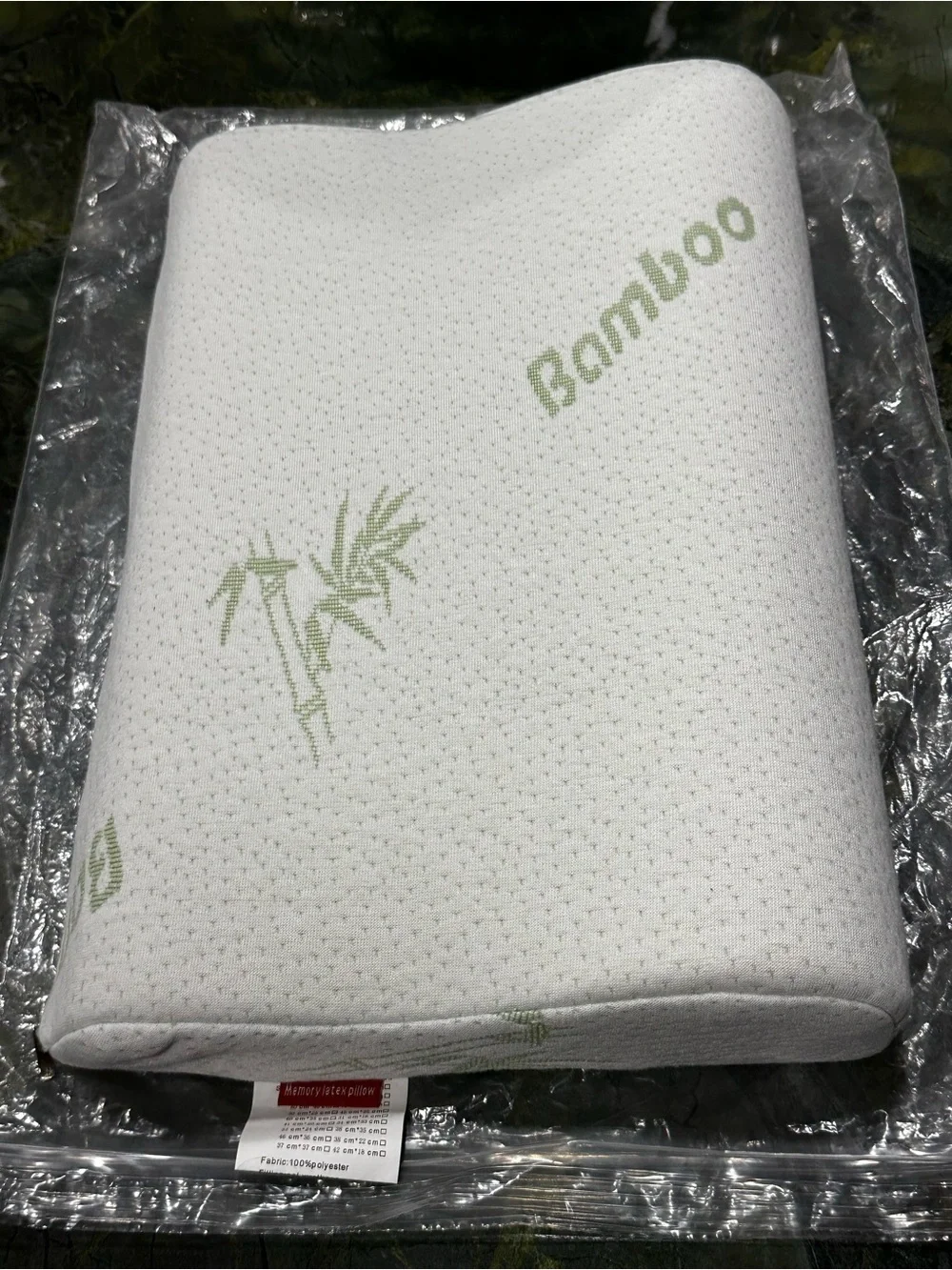 BAMBOO White Memory Foam Contour Pillow with Light Green Bamboo Print